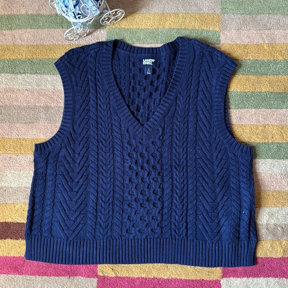 Land’s’ End Cable Vest Sweater navy blue  size L (14-16)